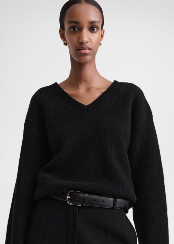 V-neck wool cashmere knit black Sale