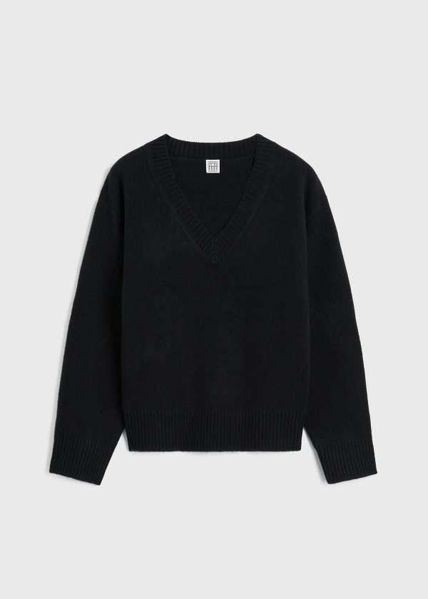 V-neck wool cashmere knit black Sale